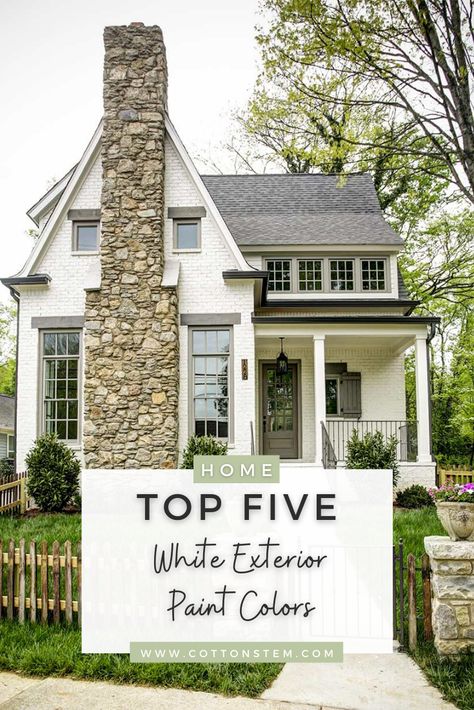 We wanted a saturated, creamy, warm white that felt like it could be found in nature as opposed to a cool or very bright white. White paint is so hard, you guys! Here are the 5 white exterior paint colors we tested, our observations about each one, and the final choice for our home! #exteriorpaintcolors #whitepaintcolors #whitehome Putty Exterior Paint Color, White Paint For Brick Exterior, Alabaster Outdoor Paint, Farmhouse Exterior Paint Colors White, Cream Color Brick House Exterior Paint, Duck White Exterior, Linen White Exterior Paint, Cream House With Cedar Shutters, Light Cream Exterior House Colors