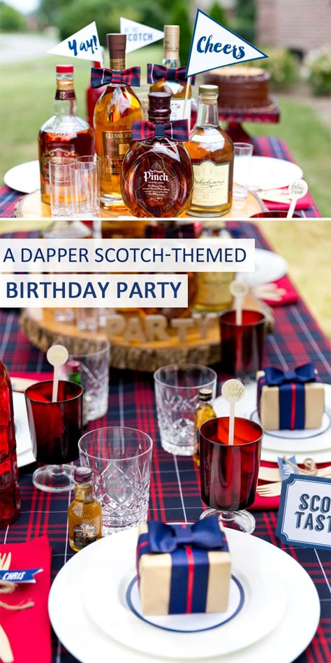 A Dapper Gentleman's Scotch Themed Birthday Party! Tartan Themed Party, Gentleman Party Theme, Scotland Party Theme, Scottish Party Ideas, Scottish Table Decor, Scottish Party Decorations, Outlander Themed Party, Scottish Birthday Party, Scottish Themed Party