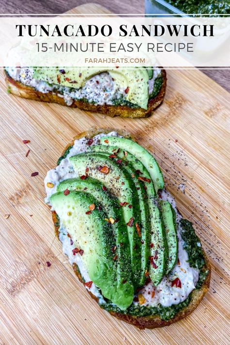 2 open faced tunacado sandwiches served on a wooden board. Tunacado Sandwich Recipe, Tunacado Recipe, Tunacado Sandwich, Mashed Chickpeas, Cake Sandwiches, Patriotic Recipes, Paid Partnership, Measuring Ingredients, Bagel Sandwich