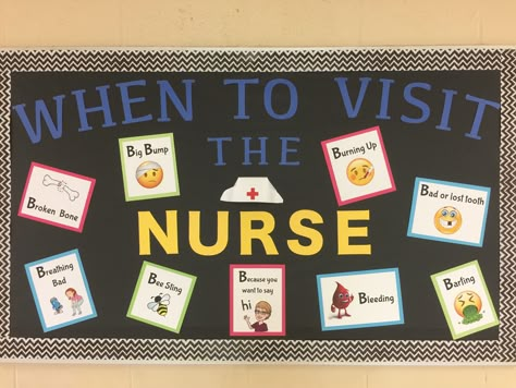 My Back to School School Nurse bulletin board!!! School Health Bulletin Boards Nurses, School Nurse Board Ideas, Welcome Back To School Nurse Bulletin Boards, When To See The School Nurse, Bulletin Board Ideas For Nurses Office, School Nurse Welcome Back Bulletin, School Health Office Bulletin Boards, School Nurse Bulletin Board Ideas Elementary, Nurses Room School