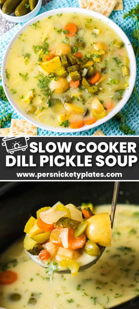 This zesty slow cooker dill pickle soup is made with chunks of potatoes, carrots, celery, and of course dill pickles! Cooked low and slow in the crockpot in a thick and creamy broth, this hearty comfort soup is definitely worthy of the hype! Split Pea Soup Crockpot, Dill Pickle Soup, Simple Crockpot, Pickle Soup, Soup Creamy, Crockpot Soup, Spicy Pickles, Carrots Celery, Homemade Soup Recipe