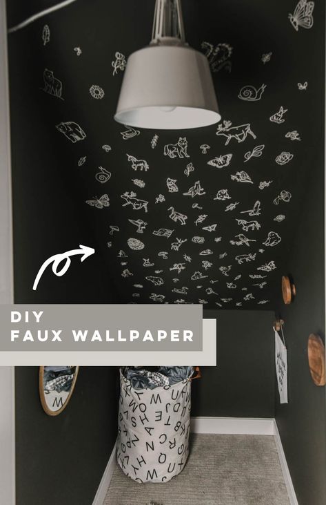 dark green walls under stairs nook with 'DIY Faux wallpaper' on ceiling Cricut Wallpaper, Diy Faux Wallpaper, Under Stairs Closet, Modern Kids Playroom, Dress Up Corner, Stairs Closet, Clever Decor, Faux Wallpaper, Playroom Makeover