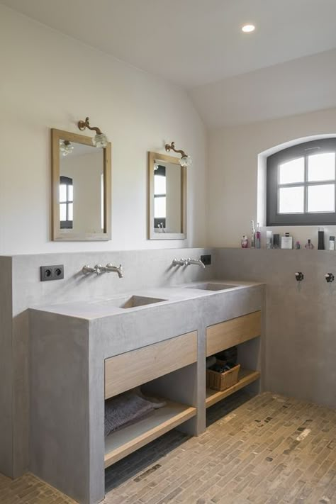 Built In Vanity In Bathroom, Concrete Bathrooms, Built In Bathroom Vanity, Concrete Bathroom Vanity, Diy Bathroom Sink, Concrete Bathroom Sink, Concrete Vanity, Built In Vanity, Small Bathroom Sinks