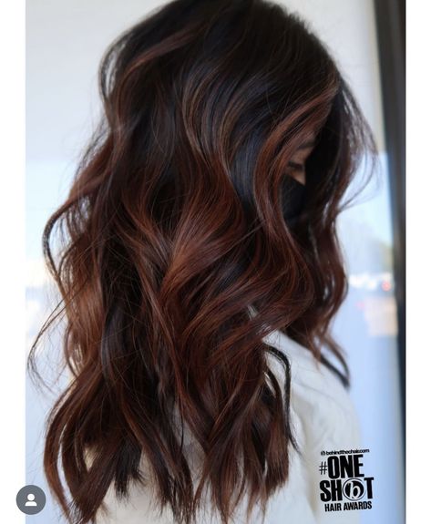 Brown Balayage With Copper Tones, Red Maroon Hair Burgundy, Brown Hair Color With Red Highlights, Raspberry Brunette Hair, Red Balayage On Black Hair Indian, Copper On Dark Brown Hair, Dark Copper Highlights On Black Hair, Dark Hair Copper Balayage, Auburn Balayage Black Hair