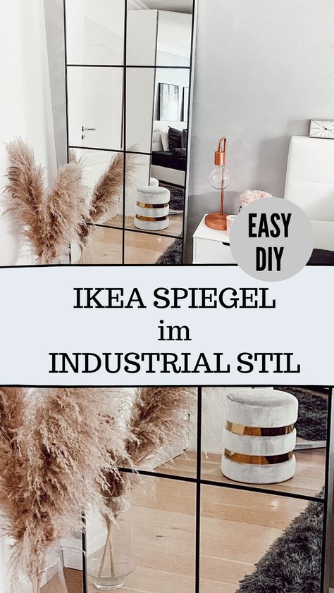 Industrial Diy Decoration, Ikea Industrial, Grid Mirror, Ikea Mirror Hack, Decor Hacks Diy, Spiegel Diy, Dark Grey Living Room, Ikea Mirror, Industrial Diy