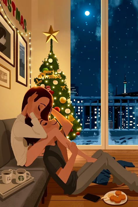 Christmas Love Couple, The Art Showcase, Cartoon Couples, Art Showcase, Romantic Anime Couples, Illustration Art Girl, Couple Illustration, Mom Art, Cute Couple Cartoon