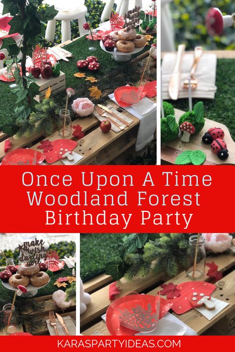 Woodland Forest Birthday Party, Fantasy First Birthday Party, Once Upon A Time Birthday Party, Diy Woodland Decor, Forest Party Theme, Forest Theme Birthday Party, Toadstool Table, Storybook Backdrop, Woodland Birthday Theme