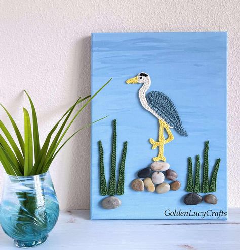 Blue Heron Crochet Wall Art - GoldenLucyCrafts Diy Framed Wall Art, Crochet Wall Art, Mixed Media Wall Art, Crochet Wreath, Fiber Art Projects, Art Crochet, Wall Art Diy, Art Interior Design, Crochet Birds