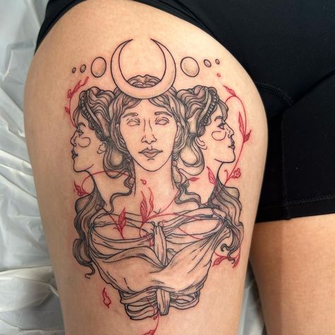 Post Caption Magnificent black and red Greek goddess tattoo done by @colleenajsmith!! You can always count on Colleen to turn your classical art tattoo ideas into beautiful inkwork! 😍⁠ ⁠ "An epic tri-faced depiction of the Greek Goddess Hecate for a client who resonates with the natural flow and ebb of life’s cycles... The three faces show the three ages, and the elements of time, past, present, future, hope, presence and perspective.⁠ I adored creating this take on a Greek classic!" - Colleen⁠ Three Faced Goddess Tattoo, Mother Maiden Crone Tattoo, Classical Art Tattoo, Greek Goddess Hecate, Greek Goddess Tattoo, Fate Tattoo, Illustrative Tattoos, Art Tattoo Ideas, Goddess Hecate