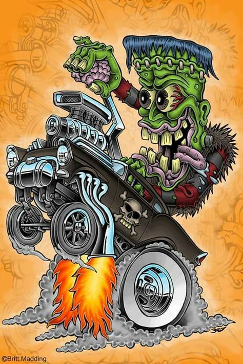 Frankenstein Ed Roth Art, Cartoon Car Drawing, Frankenstein Art, Monster Car, Fu Dog, Cool Car Drawings, Rat Fink, Rat Rods Truck, Garage Art