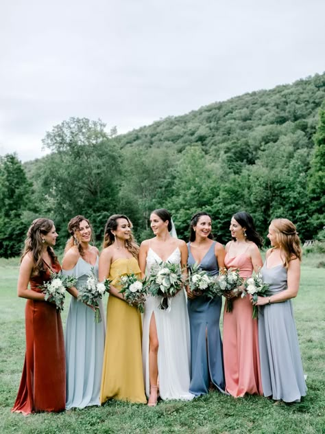 A Forest Glam Wedding in the New York Catskills Pink Bridal Party Dresses, Pink Bridal Party, Mix Match Bridesmaids, Wildflower Wedding Theme, Mismatched Bridesmaids, Boda Mexicana, Mismatched Bridesmaid Dresses, Bridesmaid Dress Colors, Wedding Theme Colors