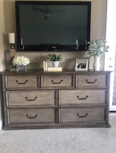 Dresser Top Decor With Tv, Decorating Dresser Under Tv, Shared Dresser With Husband, Bedroom Dresser With Tv Decor, Dresser Decor Ideas With Tv, Modern Farmhouse Bedroom Dresser Decor, Farmhouse Bedroom Dresser Decor With Tv, Tv Over Dresser In Bedroom Decor, Dresser With Tv Mounted Above Bedroom