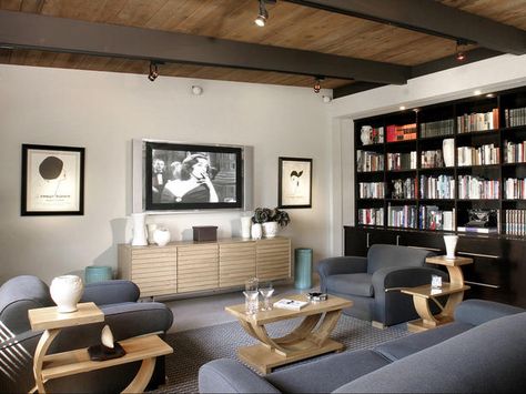 . Contemporary Home Offices, Home Game Room, Room Bookshelf, Bookshelves In Living Room, Arch Interior, Garage Conversion, Living And Dining Room, Media Room, Home Office Design