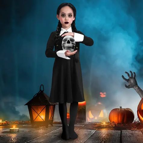 Wednesday Costume Kids, Dress With High Socks, Kids Halloween Costumes Ideas, Girl Werewolf Costume, Best Kids Halloween Costumes, Vampire Costume Kids, Addams Family Halloween Costumes, Batman Costume For Kids, Princess Costumes For Girls