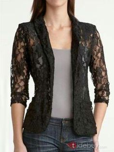 Fashion Over 40 | Fa Lace Blazer Jacket, Dress Up Jeans, Lace Blazer, Lace Jacket, Over 50 Womens Fashion, Blouse Designs, Work Outfit, Black Lace, Farmer