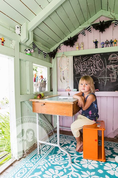 Check Out Desk, Cubby House Ideas, School Bench, Playhouse Interior, Playhouse Decor, Chalk Board Paint, Outside Playhouse, Kids Playhouse Outdoors, Garden Playhouse