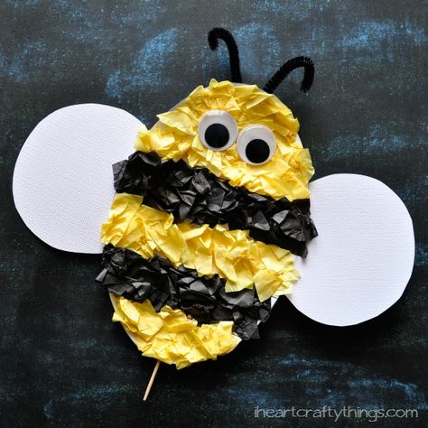 Tissue Paper Bee Kids Craft (with Free Pattern Printable) - I Heart Crafty Things Bee Inquiry, Bumble Bee Crafts, Bumble Bee Craft, Bee Craft, Bee Crafts For Kids, Tissue Paper Craft, Tissue Paper Crafts, Insect Crafts, Kids Work