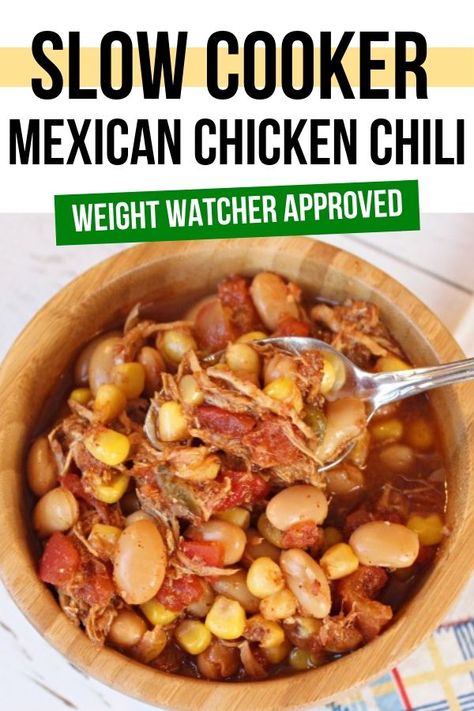 This Weight Watchers Slow Cooker Mexican Chicken Chili goes together in minutes and is hearty and filling. A great WW freestyle crock pot recipe for a dinner the whole family will love. #ww #weightwatchers #chickenrecipes #chili #slowcooker #crockpot Mexican Chicken Chili Recipe, Mexican Chicken Chili, Weight Watchers Slow Cooker, Weight Watchers Crock Pot Recipes, Slow Cooker Mexican Chicken, Slow Cooker Mexican, Mexican Meals, Weight Watchers Soup, Weight Watchers Chicken