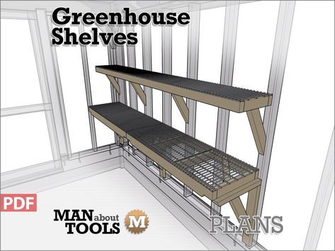 Build Simple Greenhouse Shelves Make your own Greenhouse Shelves from standard 2x3 and 2x4 lumber. This plan is a 4 page pdf with fully dimensioned diagrams. These construction and assembly instructions are printable on 8.5 x 11 size paper. Dimensions are in inches and this plan is designed for nominal lumber sizes like you would find at most lumber yards or building supply stores. This free plan is for download and will not be mailed. See the complete build video on YouTube: https://youtu.be/OMvpBXfSwUE and read the full build Post: https://manabouttools.com/greenhouse-shelves/ Small Greenhouse Shelving Ideas, Diy Greenhouse Shelves How To Build, Greenhouse Shelves Diy, House Inside Greenhouse, Steel Shelving Greenhouse, Half Shed Half Greenhouse, Greenhouse Sink, Pergola Greenhouse, Greenhouse Shelf