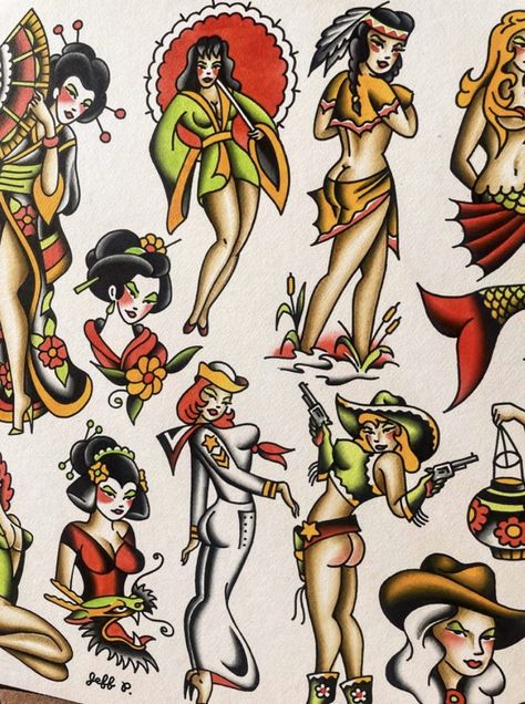 American Trad Pinup, American Traditional Girl Tattoo, American Traditional Pin Up Girl, Pinup Tattoo Traditional, American Traditional Pinup Tattoo, American Traditional Pinup, Traditional Pinup Tattoo, Pin Up Girl Tattoos, Traditional Tattoo Pin Up