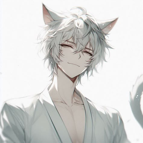 Wolf Anime Boy, Anime Wolf Man, Cat Boy Oc, Cat Boy Aesthetic, Anime Wolf Boy, Emo Anime Boy, Hot Anime Guy, White Hair Boy, Hybrid Oc