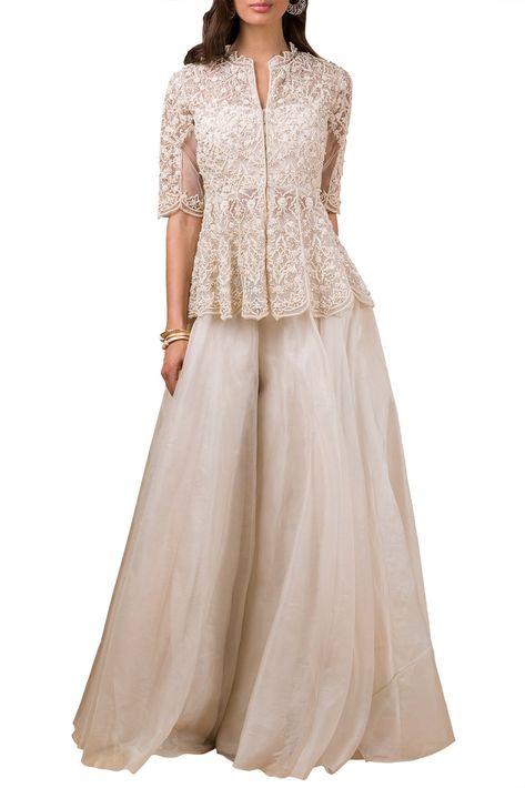 Ivory Embroidered Peplum Top With Sharara Pants Design by Ridhi Mehra at Pernia's Pop Up Shop 2024 Peplum Top Outfits Indian, Peplum Dress Wedding, Peplum Top With Sharara, Top With Sharara, Peplum Top Outfits, Ridhi Mehra, Sharara Pants, Peplum Designs, Trendy Outfits Indian