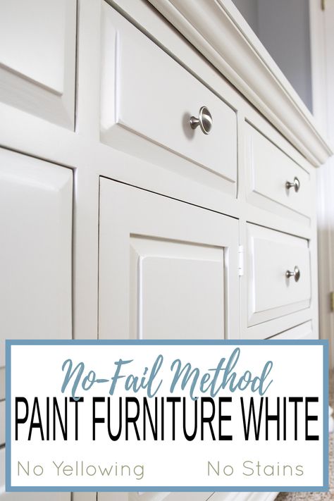 Painted White dresser showing satin sheen with text title overlay. How To Paint Bedroom Furniture White, How To Paint Black Furniture White, Diy Paint Dresser Ideas White, How To Paint Dresser White, Diy White Bedroom Furniture, White Furniture Refurbished, Bedroom With All White Furniture, Paint Black Furniture White Diy, Painted White Bedroom Furniture