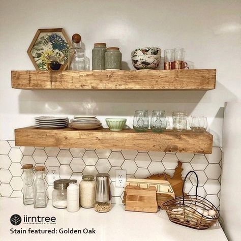 Nontoxic Cookware, Farmhouse Organization, Rustic Wood Floating Shelves, Reclaimed Wood Floating Shelves, Organized Pantry, Floating Shelves Kitchen, Reclaimed Wood Shelves, Wooden Floating Shelves, Farmhouse Shelves