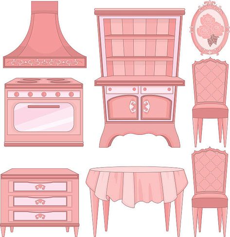 Paper Dolls Kitchen, Paper Doll Kitchen Printable, Paper Doll Furniture, Paper Doll Kitchen, Cabinet Drawing, Kawaii Furniture, Princess Kitchen, Pink Kitchen Cabinets, Stock Kitchen Cabinets