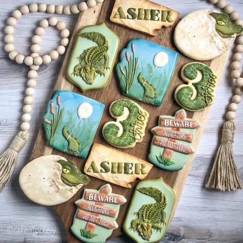 Alligator Birthday Parties, Swamp Party, 3rd Birthday Party For Boy, Alligator Birthday, Snake Birthday, Cookie Sets, Themed Cookies, Safari Theme Party, Not Sorry