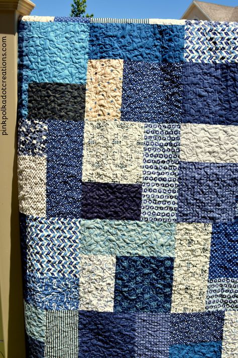 Quilt Blocks For Large Print Fabric, Blue Quilts Ideas Color Combos, Blue And White Quilt Ideas, Turning 20 Quilt Pattern, Large Print Quilt Patterns, Large Block Quilt Patterns, Big Block Quilt Patterns, Turning Twenty Quilt, Quilts For Men Patterns