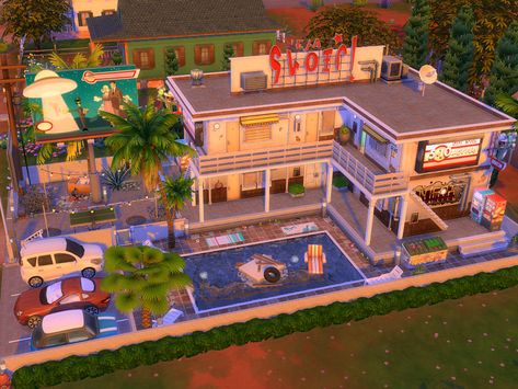 Sims 4 Oasis Springs Restaurant, Strangerville Build, Sims 4 Motel Lot, Sims 4 Strangerville House, Strangerville House, Sims Strangerville, Ts4 Strangerville, Sims 4 Strangerville Build, Sims 4 Strangerville Cc