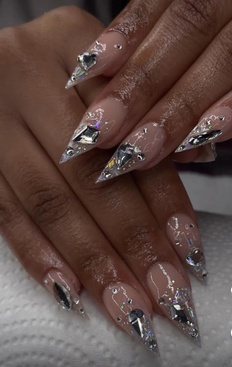 Chrome And Gem Nails, Almond Nail Jewels, Stilleto Nails With Rhinestones Bling, Silver Stilletos Nails, Dope Nail Designs Short Length, Silver Prom Nails Stiletto, Cute Red Nails, Natural Manicure, Cinnamon Brown