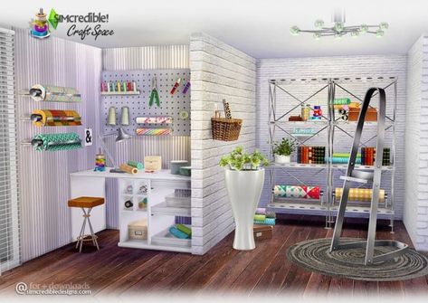 SIMcredible Designs: Craft space • Sims 4 Downloads Rooms Sims 4 Cc, Sims 4 Simcredible, Sims 4 Art Cc, Sims 4 Art, Sims 4 Blog, Large Glass Jar, Sims 4 Clutter, Studio Chairs, Striped Walls