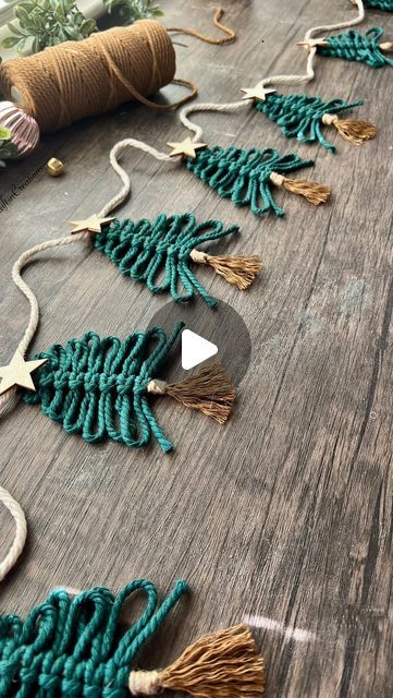 Yarn Wrapped Pinecones, Holiday Garland Diy Christmas Decor, Macrame Christmas Trees Tutorial, Xmas Tree Macrame Tutorial, How To Make Macrame Christmas Ornaments, Diy Kid Friendly Christmas Decorations, Macrame Wall Christmas Tree, Macrame Christmas Tree Garland Diy, Yarn Holiday Crafts