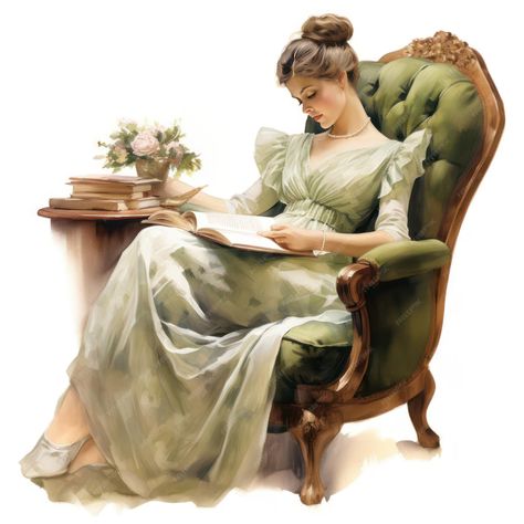 Victorian Era Lady Reading in Chair Watercolor Clipart | Premium AI-generated image Victorian Era Illustration, Victorian Woman Illustration, Victorian Women Reading, Victorian Era, Watercolor Clipart, Clip Art