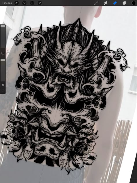 Cloud Tattoo Design, Dragon Tattoo Sketch, Oni Tattoo, Cyberpunk Tattoo, 70k Followers, Hannya Mask, Samurai Tattoo Design, Back Piece Tattoo, Rune Tattoo