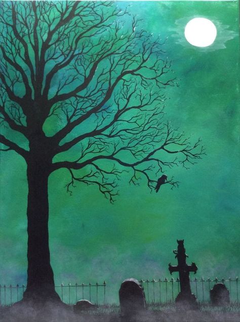 Cemetery Painting Canvas, Goth Aesthetic Painting, Grave Yard Painting, Goth Acrylic Painting, Gothic Acrylic Painting, Goth Painting Ideas On Canvas, Weird Painting Ideas, Halloween Paint Night, Cemetery Painting