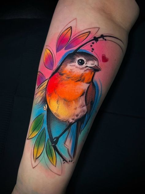 Robin Watercolour Tattoo, Colour Tattoo Designs, Watercolor Tattoo Design, Colorful Bird Tattoos, Robin Bird Tattoos, Robin Tattoo, Colored Tattoo Design, Colour Tattoo, Tatuaje A Color