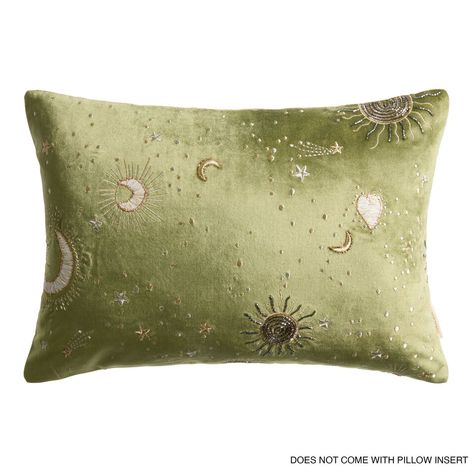 Sage Green Celestial Embroidered Lumbar Pillow Cover - World Market Celestial Aesthetic Decor, Pnw Decor, Vintage Home Aesthetic, Green Celestial, Cool House Decor, Moody House, Whimsical Pillows, Green Room Decor, Wall Charm