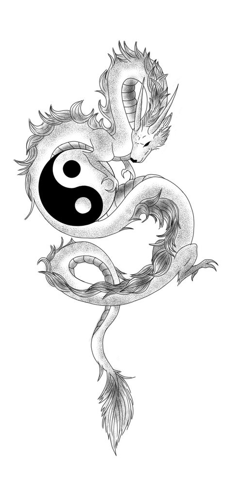 Ying Yang Tattoo With Dragon, Dragon And Moon Tattoo For Women, Dragon Yin And Yang, Ying Yang Drawing Ideas, Ying Yang Tattoo Dragon, Yin Yang Snake Tattoo, Dragon Ying Yang Tattoo, Yin Yang Sketch, Chinese Dragon Drawing Sketches