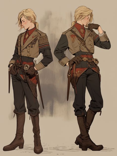 Traveller Clothes Dnd, German Fantasy Clothes, Dnd Trench Coat Character, Artificer Pose Reference, Tailor Concept Art, Character Clothing Inspiration, Archeologist Character Design Male, Artificer Outfit Dnd, Steampunk Fashion Drawing