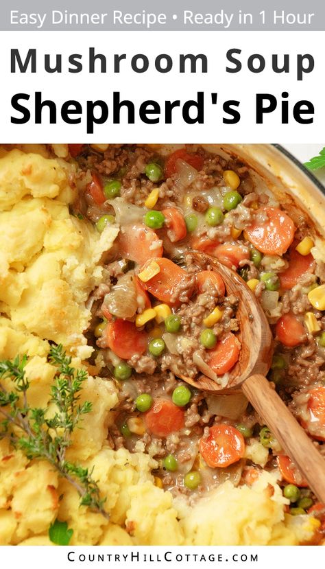 This easy shepherd's pie with cream of mushroom soup is bursting with rich flavors and textures. Fluffy, creamy mashed potatoes hide a delicious mixture of ground beef, hearty veggies, and canned soup that blend together as the pie bakes in the oven. A satisfying dinner the whole family will love! If you are craving comfort food, you landed in the right place. This shepherd's pie with cream of mushroom soup is the ultimate comfort food. Great for leftover potatoes. | CountryHillCottage.com Shepherds Pie With Cream Of Mushroom, Shepherds Pie Recipe Cream Of Mushroom, Shepherds Pie Recipe With Cream Of Mushroom Soup, Ground Turkey Cream Of Mushroom, Sheppards Pie Recipe, Mushroom Shepherds Pie, Carb Breakfast Ideas, Shepards Pie Recipe, Breakfast Ideas Easy