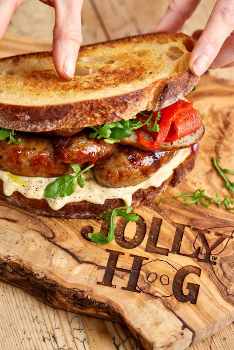 Try this lunch sandwich idea with our award winning British sausages. We love trying new sausage sandwich ideas and this combination of tomato relish, a hash brown, rocket, aioli and our peppery British sausages is a right treat. Give this a go if you want to try new lunch sandwich recipes or have a sausage sandwich recipe go to! Sausage and peppers are a dreamy combo!   #sausagesandwich #sausagerecipe #sausagerecipes #britishsausages #sandwich #sandwichrecipe #lunch #aioli #sourdough