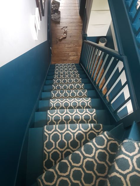 Stairs Runner: Quirky B Honeycomb by Alternative Flooring. Walls: Teal, Benjamin Moore and Grey Putty, Crown. Blue Stairs With Runner, Two Tone Walls Hallway Stairs, Teal Hallway And Stairs, Teal Stairs, Teal Staircase, Two Tone Staircase Wall, Teal Hallway Ideas, Blue Staircase, Teal Hallway