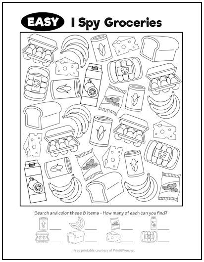 Easy I Spy Groceries Picture Activity | Print it Free Groceries Picture, Nutrition Crafts, I Spy Activities, Spy Activities, Community Helpers Preschool Crafts, Daycare Lesson Plans, Color Worksheets For Preschool, Hidden Picture Puzzles, Community Helpers Preschool