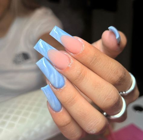 French Tip Sky Blue 1.5 Inch, Blue French Tip Nails With Accent Nail, Short Nail Blue French Tip, Matte Blue French Tip Nails, Light Blue Nails No Design, Sky Blue French Tip 1 5 Nails, Medium Square Acrylic Nails Simple Blue, Acrylic Nail Designs Blue And White, Coffin Acrylic Nails Light Blue