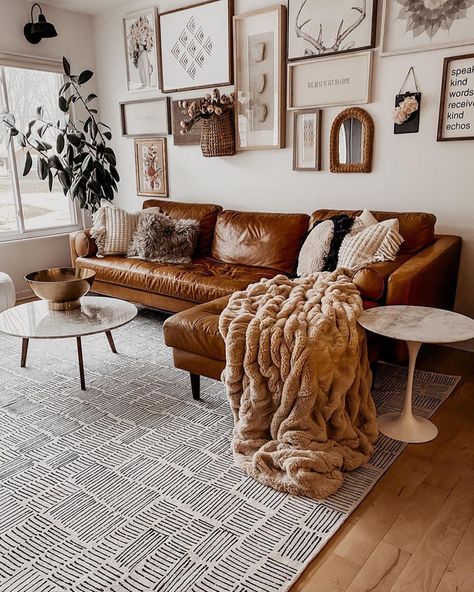 Saddle Brown Leather Sofa Living Room, Boho Living Room Tan Couch, Boho Mid Century Modern Living Room Sofas, Living Room Ideas Brown Walls, Modern Modular Sectional, Throw Pillows For Dark Brown Leather Couch, Boho Living Room Leather Couch, Living Room With Tan Couch, Auburn Apartment