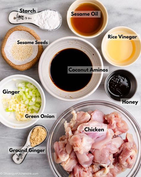 Tender, juicy chicken cubes, fried to golden brown and tossed with a savory sesame ginger sauce. This quick and easy better-than-take out healthy sesame ginger chicken recipe is sure to become a family favorite. | #sesamegingerchicken #healthychicken #paleochickenrecipe #soyfreechickenrecipe #healthychinesefood Sesame Ginger Chicken Recipe, Sesame Ginger Sauce, Sesame Ginger Chicken, Sesame Chicken Sauce, Healthy Sesame Chicken, Ginger Chicken Recipes, Chicken Cubes, Healthy Chinese Recipes, Healthy Asian Recipes