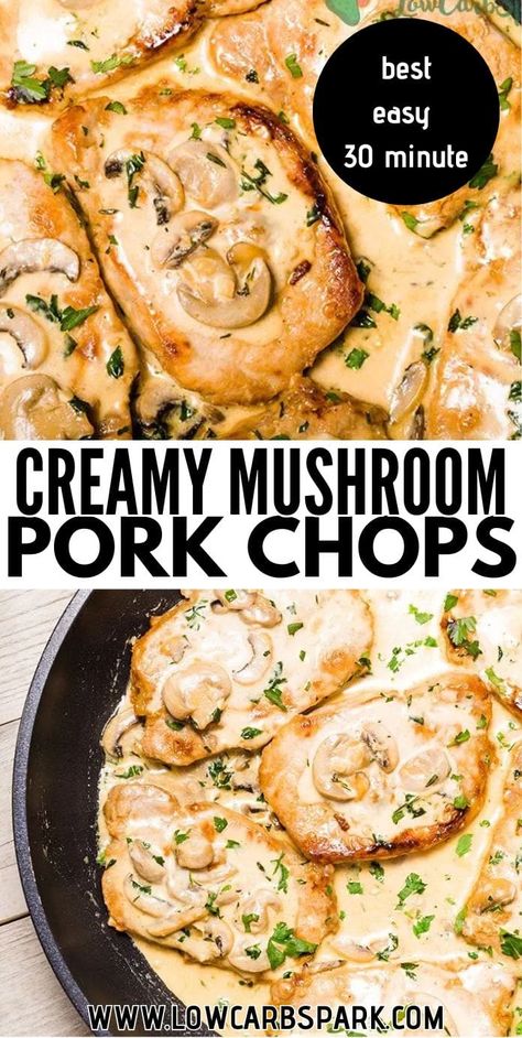 Make dinner easy with these flavorful pork chops in a creamy garlic and mushroom sauce! This low-carb recipe is simple to prepare and ready to serve in just 30 minutes. Perfect for a busy weeknight meal! Creamy Mushroom Pork Chops, Pork Chops Tender, Mushrooms Sauce, Pork Cutlet Recipes, Beef Recipes Mexican, Crockpot Ground Beef, Ground Beef Recipes Crockpot, Garlic Mushrooms Recipes, Beef Recipes Crockpot